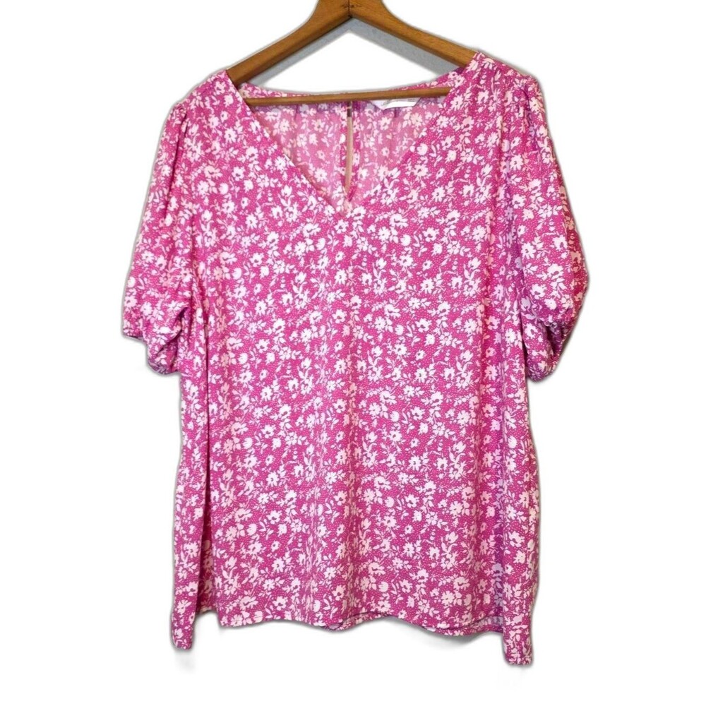 LC Lauren Conrad Top Pink Floral Puff Sleeve Boho Cottagecore Peasant Size XL